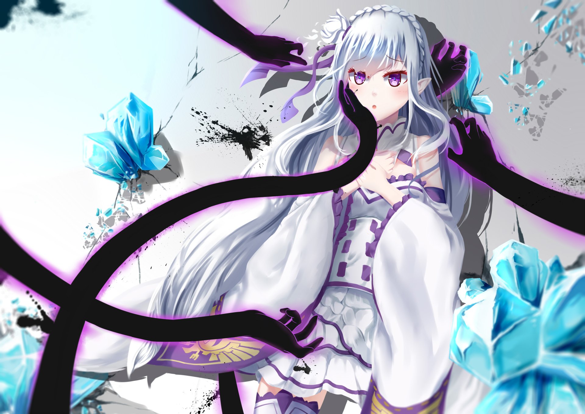 A stunning HD wallpaper featuring Emilia from Re:ZERO - Starting Life in Another World, surrounded by abstract black tendrils and vibrant blue flowers, showcasing her captivating beauty.