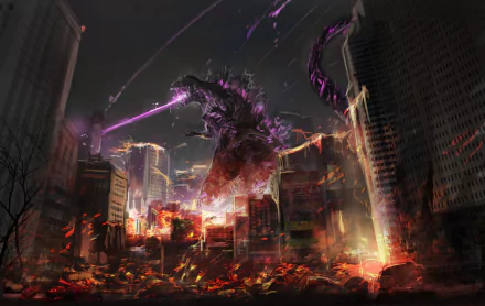 A powerful depiction of Shin Godzilla unleashing destruction in an urban landscape, capturing the intensity of the monster's rampage from the iconic movie. HD desktop wallpaper.