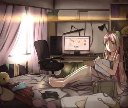 A serene scene featuring Mashiro Shiina from Sakurasou no Pet na Kanojo, sitting on a bed in a cozy room, surrounded by soft light and a computer in the background.