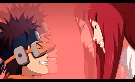 A vibrant HD wallpaper featuring Obito Uchiha and Kushina Uzumaki from the anime Naruto, showcasing their joyful expressions against a gradient background.