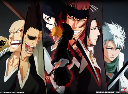 A vibrant HD wallpaper featuring Tōshirō Hitsugaya, Renji Abarai, Rukia Kuchiki, and Ichigo Kurosaki from the anime Bleach, showcasing dynamic character poses and intense expressions.