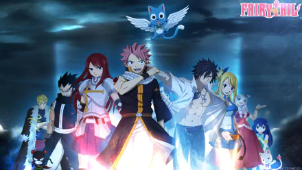 A vibrant HD wallpaper featuring characters from Fairy Tail: Natsu Dragneel, Lucy Heartfilia, Erza Scarlet, and others, set against a dynamic background with magical effects.
