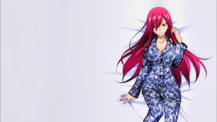 An HD desktop wallpaper featuring Erza Scarlet from the anime Fairy Tail, depicted in a stylish blue pajama set against a subtle background.