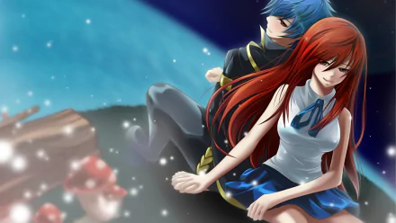 A vibrant HD wallpaper featuring Jellal Fernandes and Erza Scarlet from the anime Fairy Tail, set against a starry background, capturing a moment of connection and emotion.