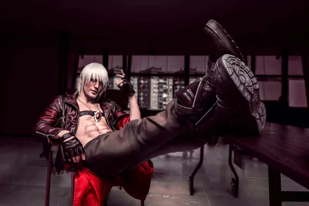 Dante from Devil May Cry 3 is depicted in a dynamic cosplay scene, lounging confidently at a table, showcasing his iconic style and attitude in a striking HD wallpaper.