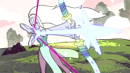 Opal from Steven Universe wields dual weapons, surrounded by a vibrant landscape. This HD PC desktop wallpaper captures her dynamic energy and striking appearance.