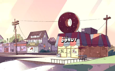A vibrant HD wallpaper featuring the iconic Big Donut shop from the TV show Steven Universe, set against a sunny backdrop with quaint buildings and power lines.