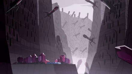 A stylized scene from the TV show Steven Universe featuring a dramatic landscape filled with crystal formations and towering cliffs, set against a muted, atmospheric sky.