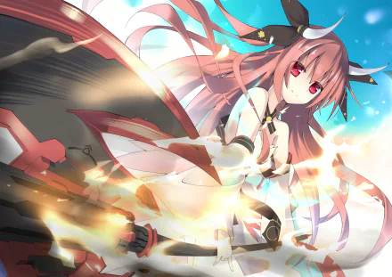 HD desktop wallpaper featuring Kotori Itsuka from the anime Date A Live. Kotori, with her fiery red eyes and long hair, is shown in an intense action pose surrounded by dynamic light effects.