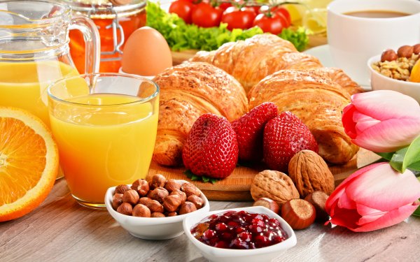 Food Breakfast Still Life Croissant Strawberry Juice orange Nut Tulip Jam Honey Egg HD Wallpaper | Background Image