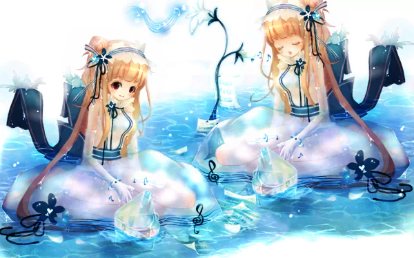 HD anime original desktop wallpaper depicting a girl in a white dress with long blonde hair, surrounded by water and glowing lanterns, with musical notes floating around.