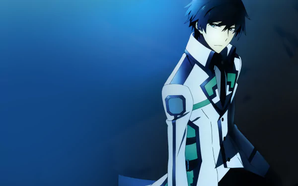 Tatsuya Shiba from The Irregular at Magic High School is depicted in a striking HD desktop wallpaper, showcasing his character against a vivid blue background.