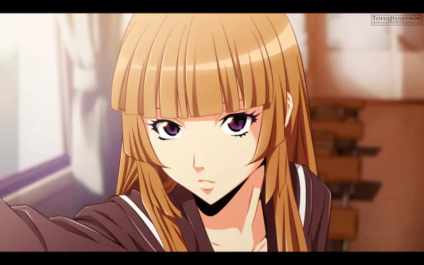 HD wallpaper featuring Aika Fuwa from the anime Zetsuen no Tempest, captured in a thoughtful pose against a classroom backdrop.