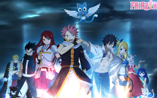 A vibrant HD wallpaper featuring characters from Fairy Tail: Natsu Dragneel, Lucy Heartfilia, Erza Scarlet, and others, set against a dynamic background with magical effects.