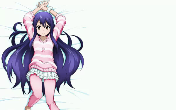 Wendy Marvell from Fairy Tail relaxes on a bed, showcasing her long purple hair. She wears a cozy sweater and skirt, set against a soft, light background.