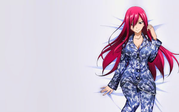 An HD desktop wallpaper featuring Erza Scarlet from the anime Fairy Tail, depicted in a stylish blue pajama set against a subtle background.