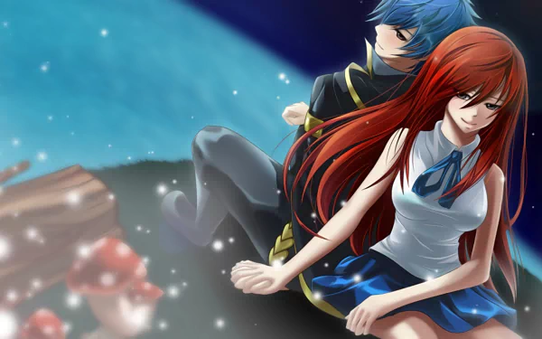 A vibrant HD wallpaper featuring Jellal Fernandes and Erza Scarlet from the anime Fairy Tail, set against a starry background, capturing a moment of connection and emotion.