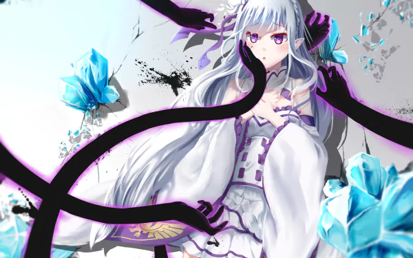A stunning HD wallpaper featuring Emilia from Re:ZERO - Starting Life in Another World, surrounded by abstract black tendrils and vibrant blue flowers, showcasing her captivating beauty.