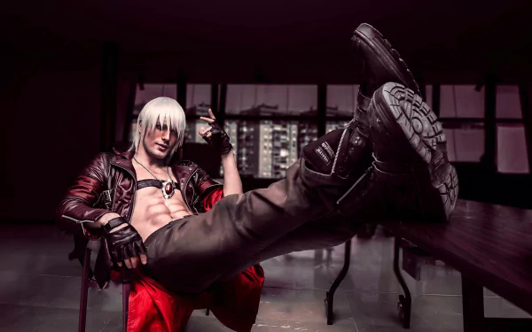 Dante from Devil May Cry 3 is depicted in a dynamic cosplay scene, lounging confidently at a table, showcasing his iconic style and attitude in a striking HD wallpaper.