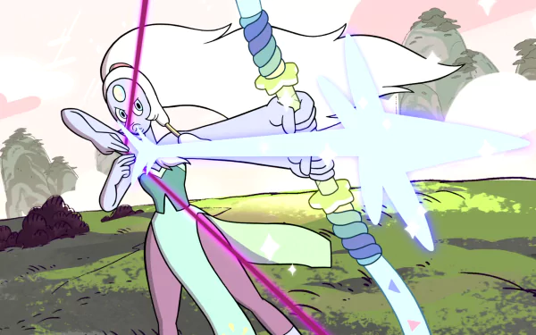 Opal from Steven Universe wields dual weapons, surrounded by a vibrant landscape. This HD PC desktop wallpaper captures her dynamic energy and striking appearance.