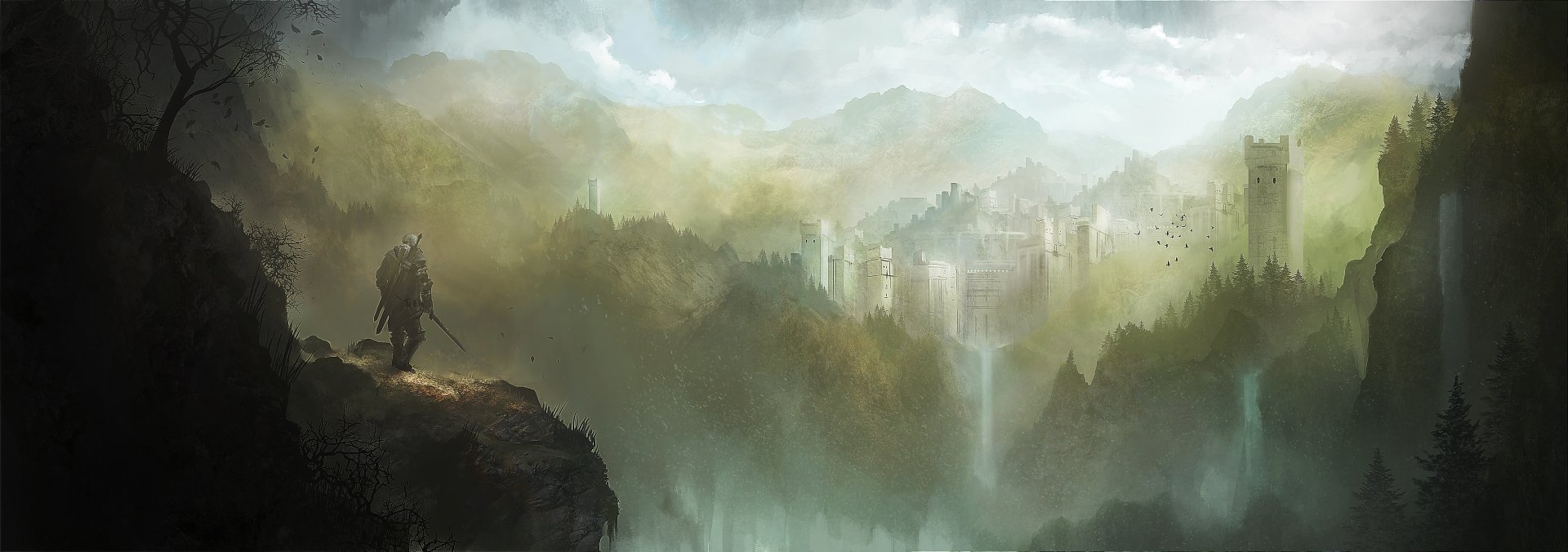HD wallpaper featuring Geralt of Rivia overlooking a misty landscape with a waterfall and a distant city, inspired by The Witcher 3: Wild Hunt.
