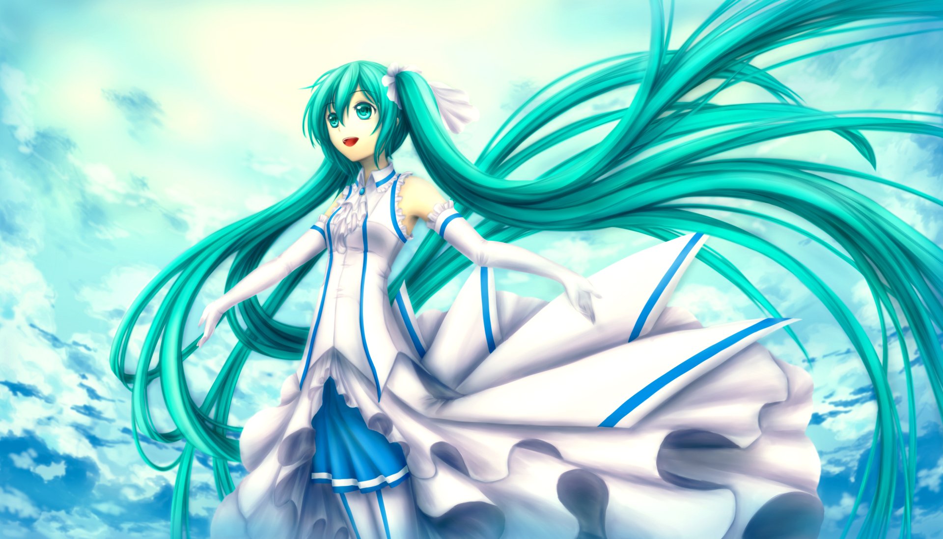 Hatsune Miku Vocaloid anime in a flowing white-and-blue dress, long teal hair streaming across a bright sky — 2K Quad HD PC desktop wallpaper/background