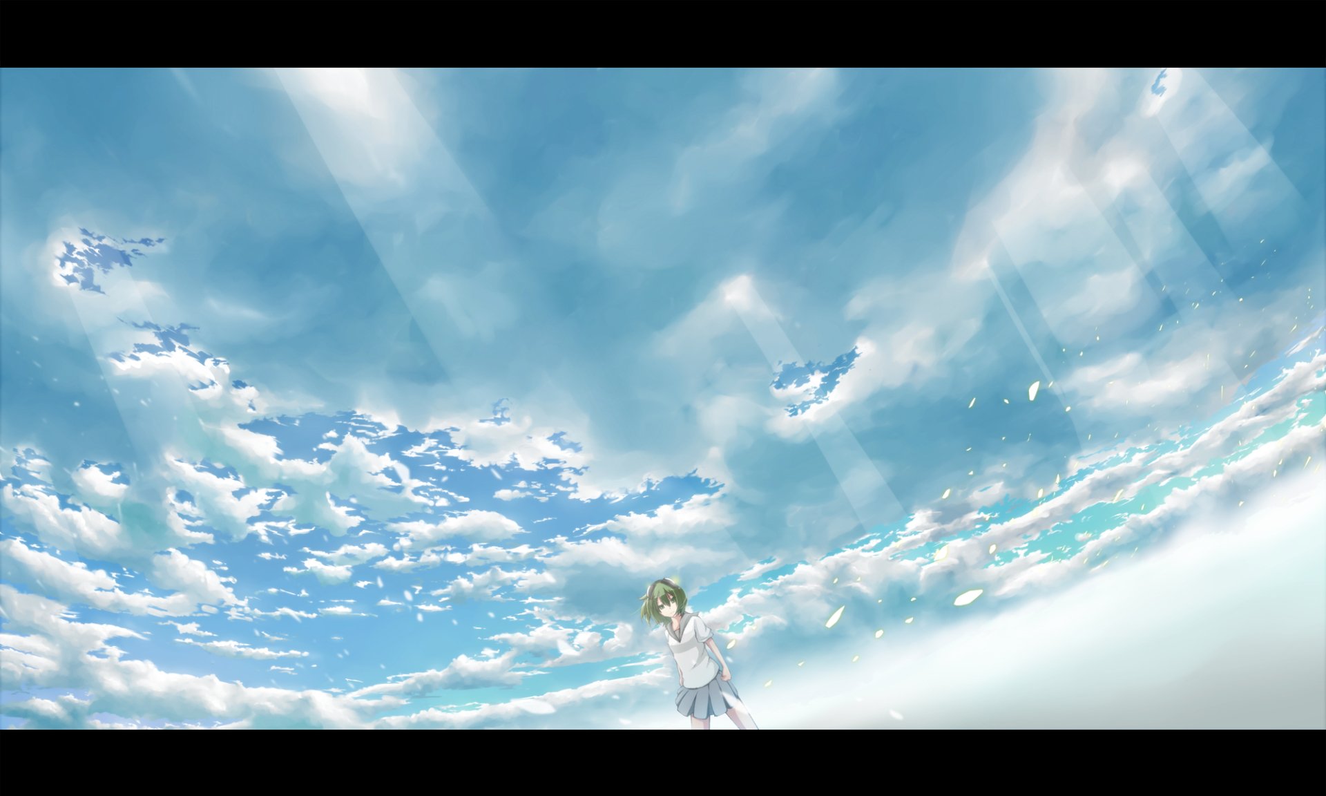 HD PC desktop wallpaper featuring GUMI from Vocaloid standing beneath a vast, bright blue anime sky filled with soft clouds.