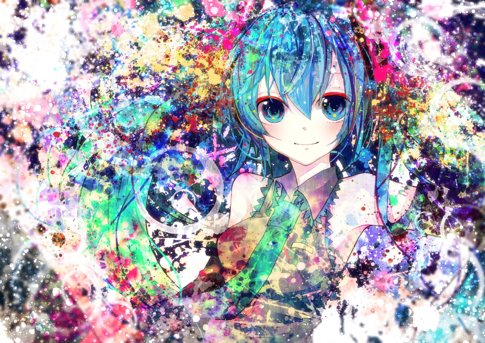 Colorful HD PC desktop wallpaper featuring Hatsune Miku, the iconic anime Vocaloid character, surrounded by vibrant, abstract splashes of paint and light effects.