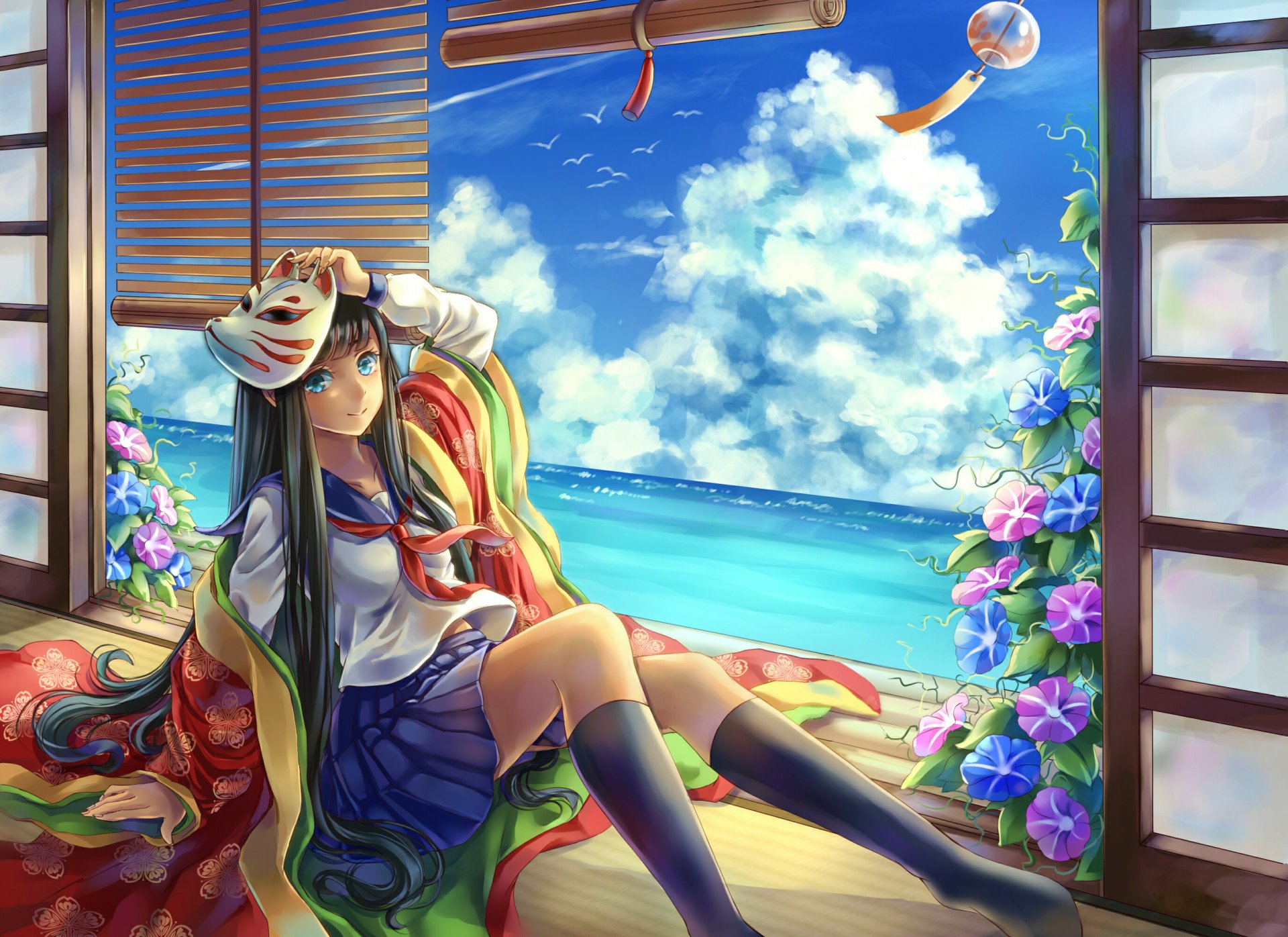 Anime-style HD desktop wallpaper featuring an original character in a sailor uniform, sitting by an open window overlooking a bright blue ocean and vibrant sky with clouds.