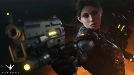 A dynamic HD PC desktop wallpaper featuring a fierce character from the video game Paragon, armed with futuristic pistols and exuding strength and determination.