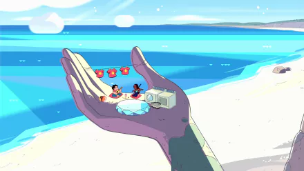 Connie Maheswaran and Steven from Steven Universe enjoy a whimsical moment on a giant hand at the beach, set against a serene ocean backdrop in this HD wallpaper.