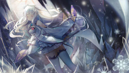 HD wallpaper of Emilia from the anime Re:Zero - Starting Life in Another World. The scene portrays her in an ethereal ice setting with flowing white hair and a serene expression.