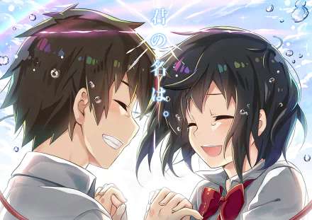 HD desktop wallpaper featuring Taki Tachibana and Mitsuha Miyamizu from the anime Your Name. Both characters are smiling at each other with a bright sky background.