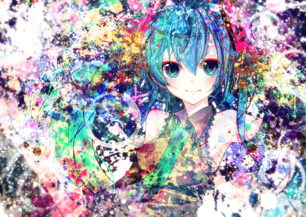 Colorful HD PC desktop wallpaper featuring Hatsune Miku, the iconic anime Vocaloid character, surrounded by vibrant, abstract splashes of paint and light effects.