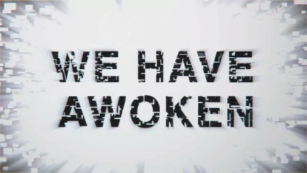 Devil May Cry video game HD PC desktop wallpaper: glitching black text WE HAVE AWOKEN set against a bright, shattered white digital backdrop.