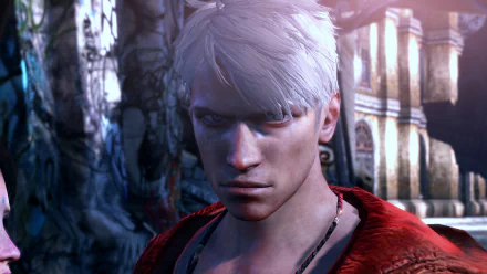 HD PC desktop wallpaper featuring Dante from the video game DmC: Devil May Cry, showcasing his intense expression and white hair in a dark, atmospheric setting.
