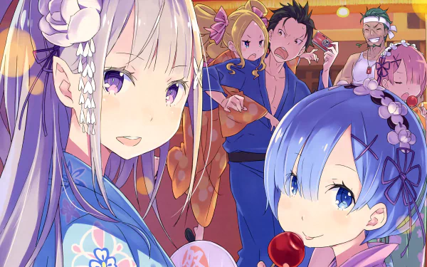 HD desktop wallpaper featuring Subaru Natsuki, Ram, Beatrice, Rem, and Emilia from Re:Zero - Starting Life in Another World, set in a lively festival scene with colorful yukatas and festive backgrounds.