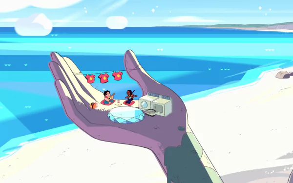 Connie Maheswaran and Steven from Steven Universe enjoy a whimsical moment on a giant hand at the beach, set against a serene ocean backdrop in this HD wallpaper.