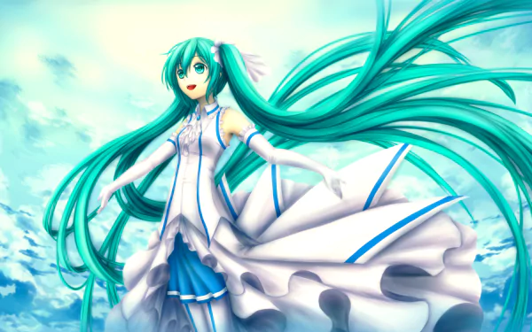 Hatsune Miku Vocaloid anime in a flowing white-and-blue dress, long teal hair streaming across a bright sky — 2K Quad HD PC desktop wallpaper/background