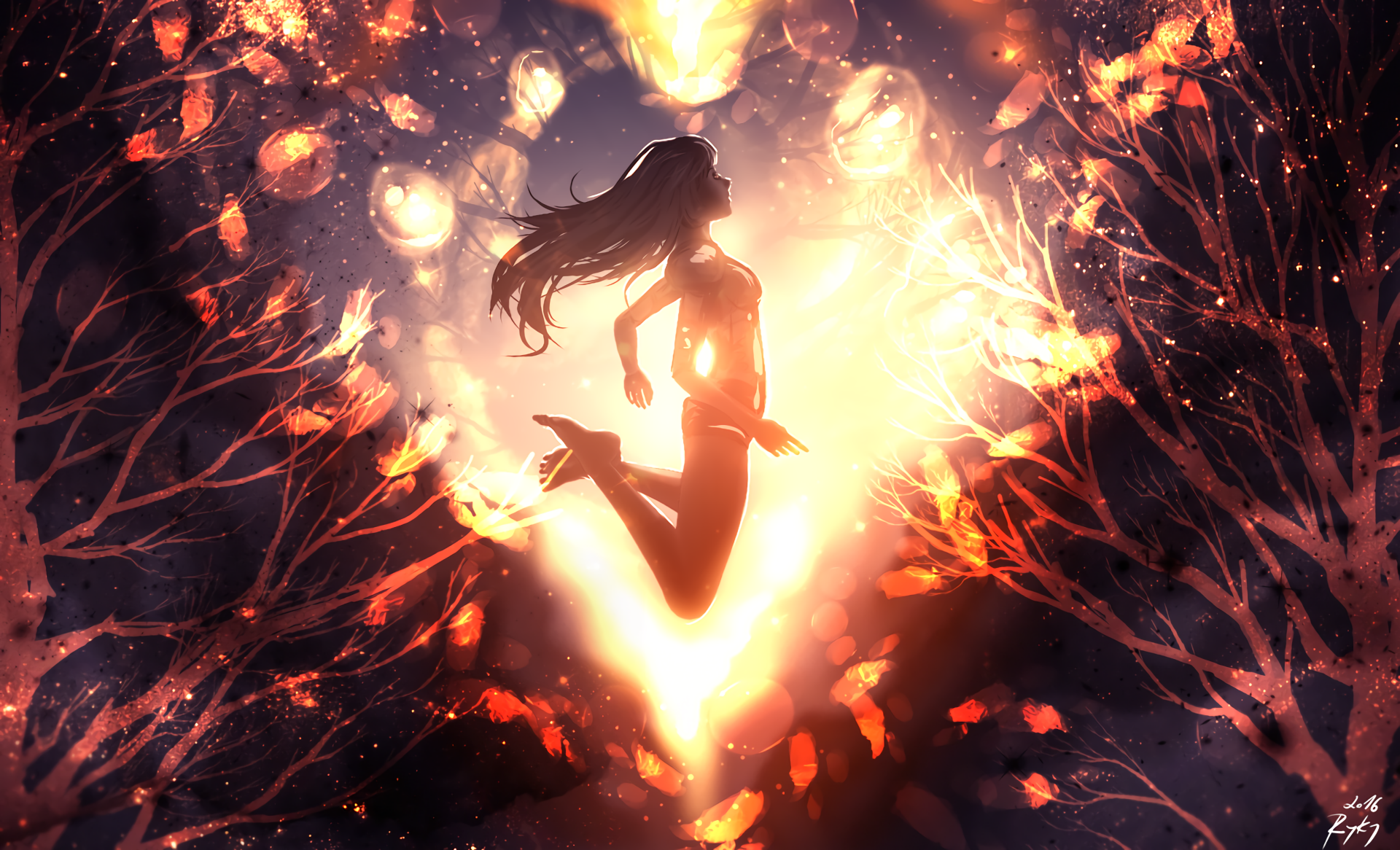 A captivating HD anime wallpaper featuring a silhouetted figure leaping within a heart-shaped ambiance, surrounded by glowing lights and autumn leaves. An original artistic design.