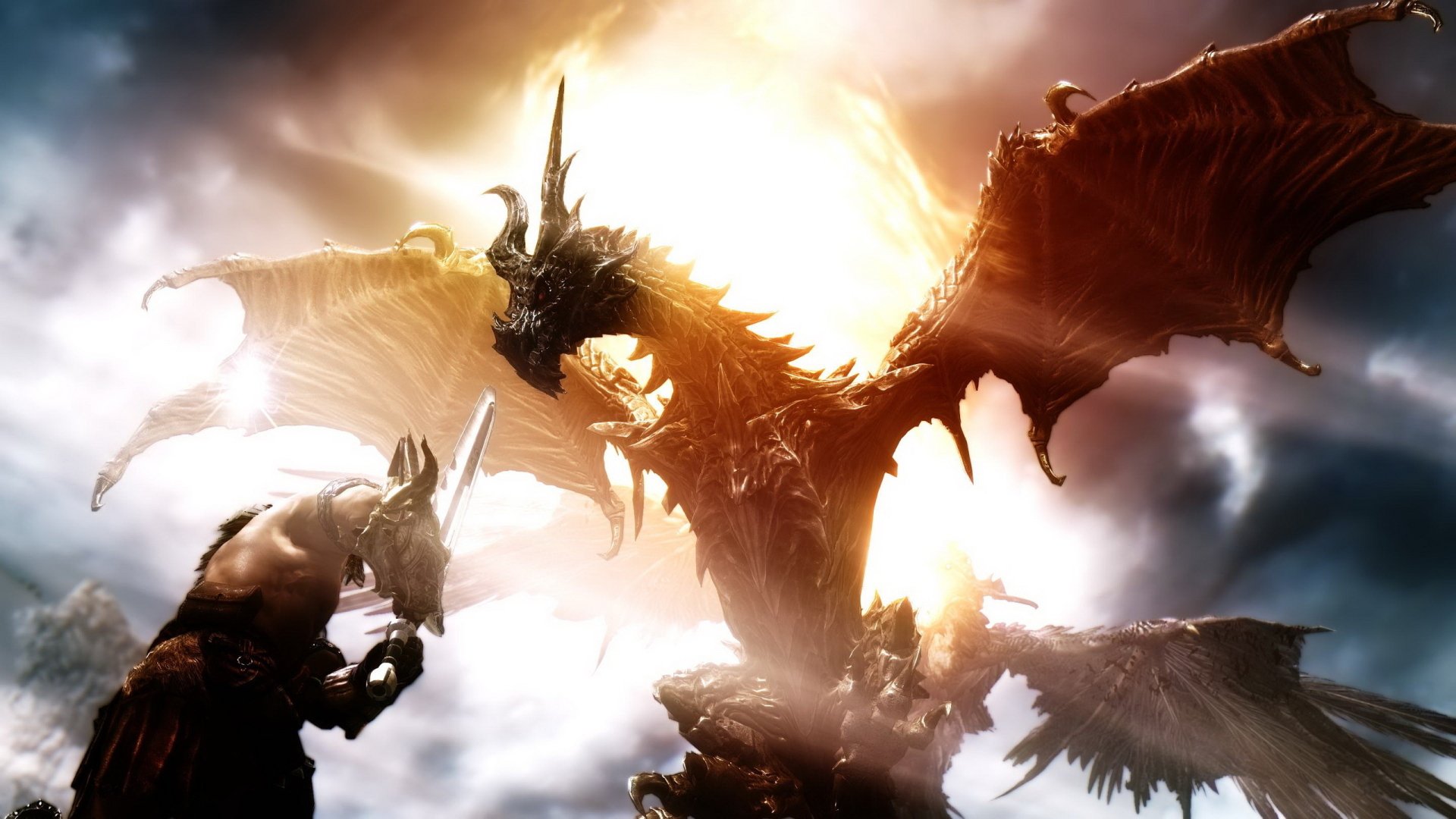 A warrior faces a fiery dragon in a dramatic battle scene from The Elder Scrolls V: Skyrim, captured in a high-definition PC desktop wallpaper.