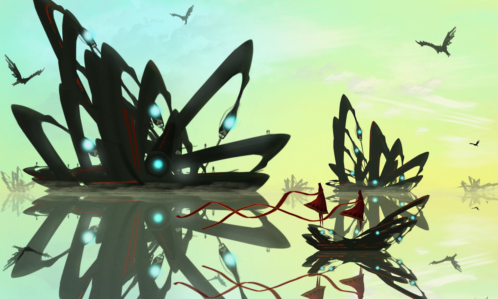 A captivating HD wallpaper featuring a surreal landscape from a journey-themed video game, showcasing unique structures and serene reflections under a pastel sky.