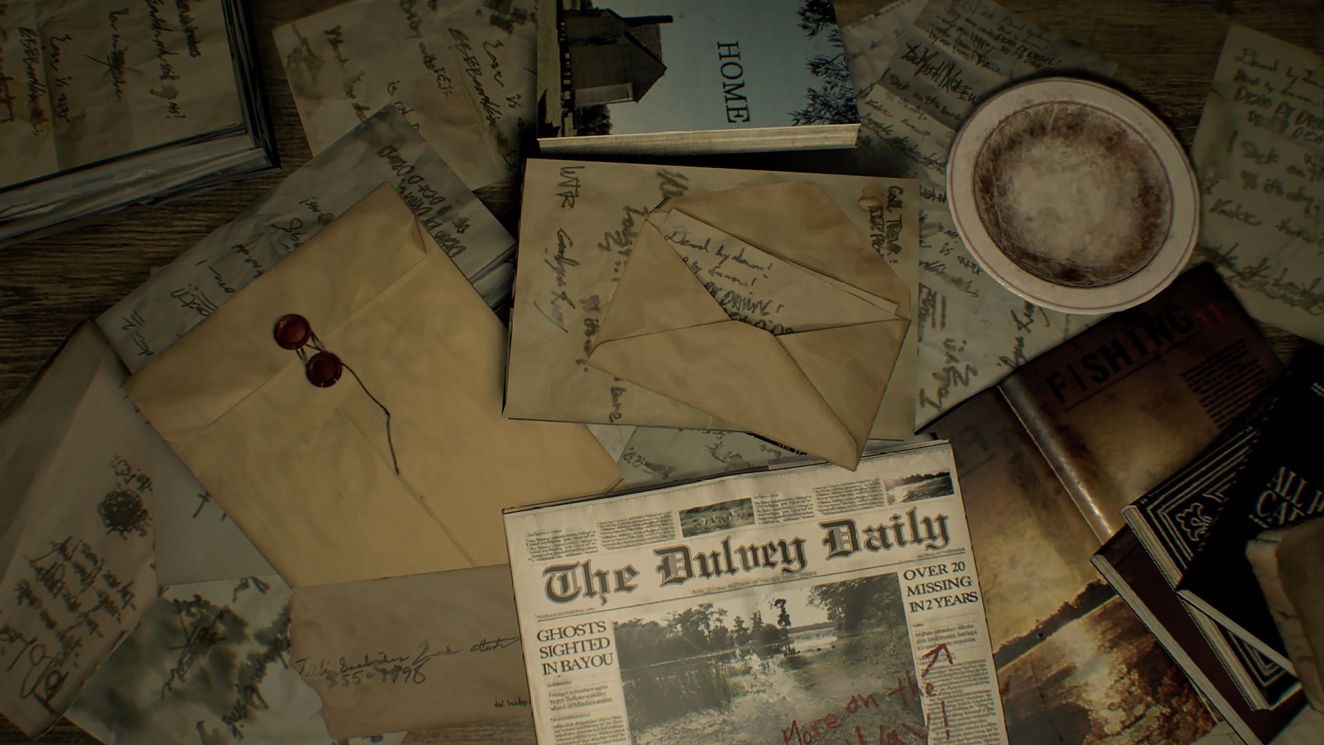 HD PC desktop wallpaper featuring a collection of old letters, a sealed envelope, and a newspaper titled The Dulvey Daily, inspired by Resident Evil 7: Biohazard video game.