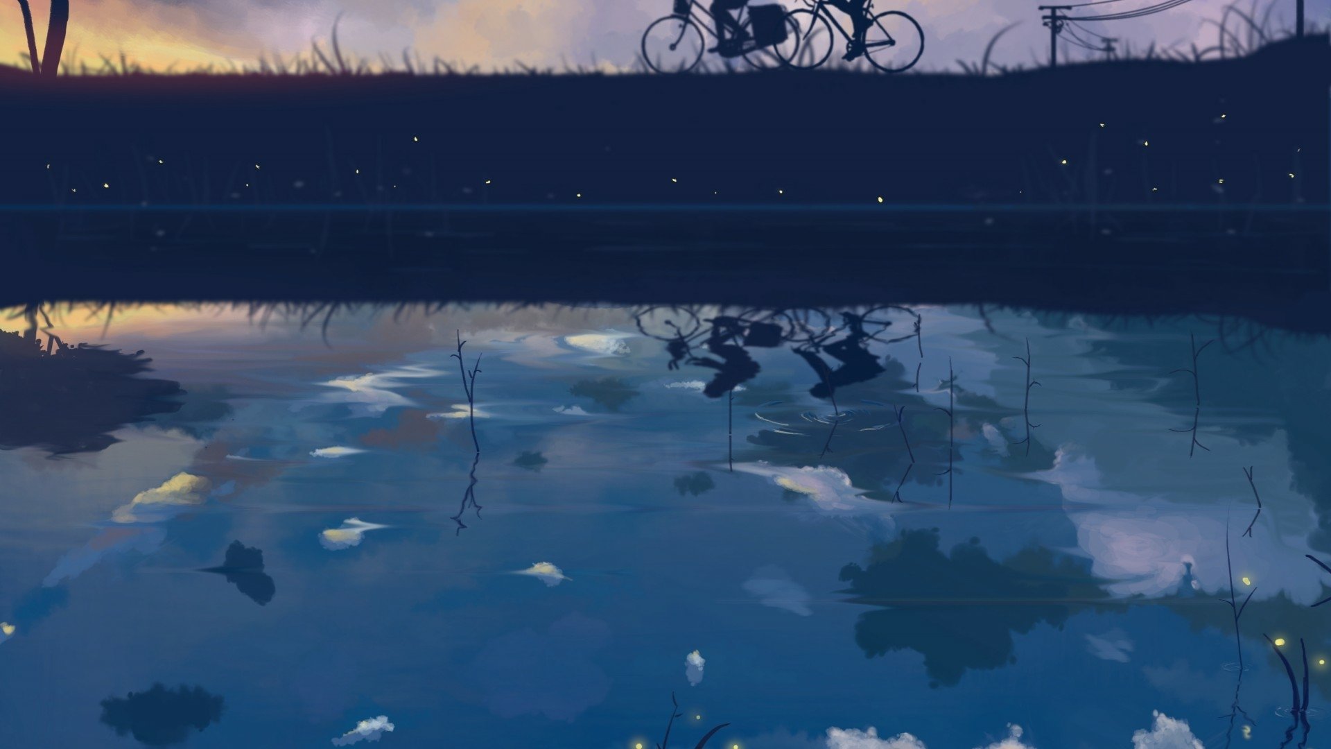 Original Sky Anime HD PC desktop wallpaper: silhouetted cyclists on a dusk path, sky and clouds mirrored in calm water, gentle reflections and soft evening tones — reflection, water, sky