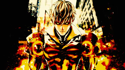 A striking HD wallpaper featuring Genos from One-Punch Man, showcasing his intense gaze and armored design against a vibrant urban backdrop.