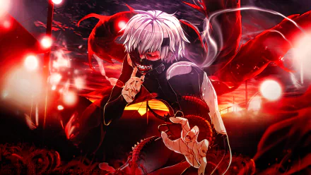 Anime-themed HD wallpaper featuring Ken Kaneki from Tokyo Ghoul with white hair, red eyes, a mask, and kagune, in a dark, intense setting with blood and centipede accents.