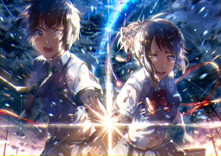 HD desktop wallpaper featuring Taki Tachibana and Mitsuha Miyamizu from the anime Your Name. with tears in their brown eyes, holding hands under a starry night sky amid glowing light beams.