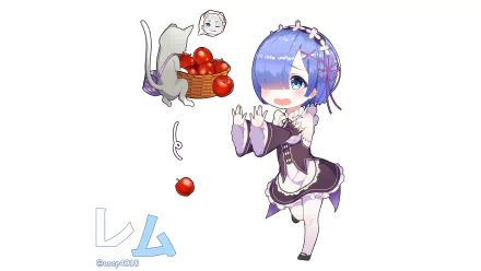A vibrant HD wallpaper featuring Rem from Re:ZERO, playfully throwing apples with a cat beside her, capturing the charm of the anime Re:Zero - Starting Life in Another World.