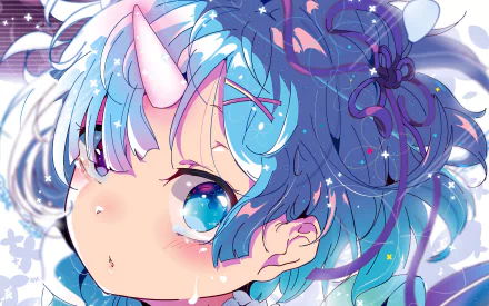 HD desktop wallpaper featuring Rem from Re:ZERO - Starting Life in Another World. The image showcases her vibrant blue hair and expressive features against a whimsical background.