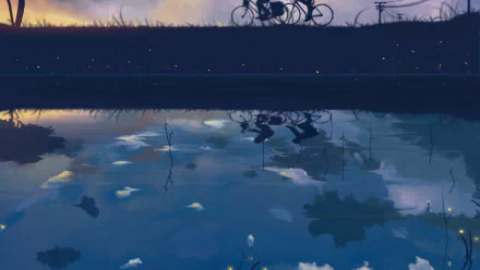 Original Sky Anime HD PC desktop wallpaper: silhouetted cyclists on a dusk path, sky and clouds mirrored in calm water, gentle reflections and soft evening tones — reflection, water, sky